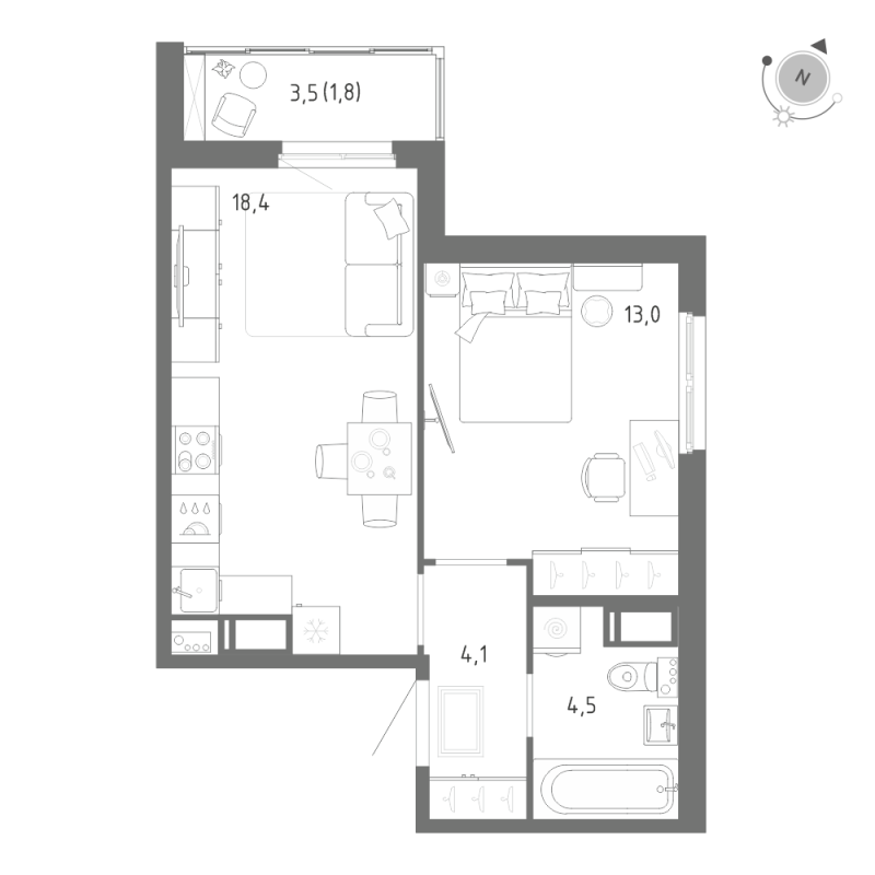 2-комнатная (Евро) квартира, 41.8 м² в ЖК "Клюква.Парк" - планировка, фото №1