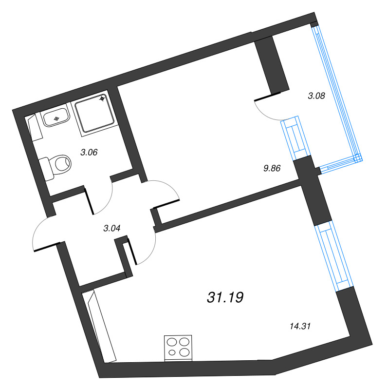 2-комнатная (Евро) квартира, 31.19 м² в ЖК "Лето" - планировка, фото №1