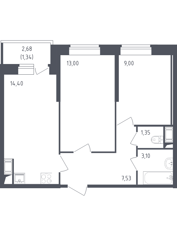2-комнатная квартира, 49.72 м² - планировка, фото №1