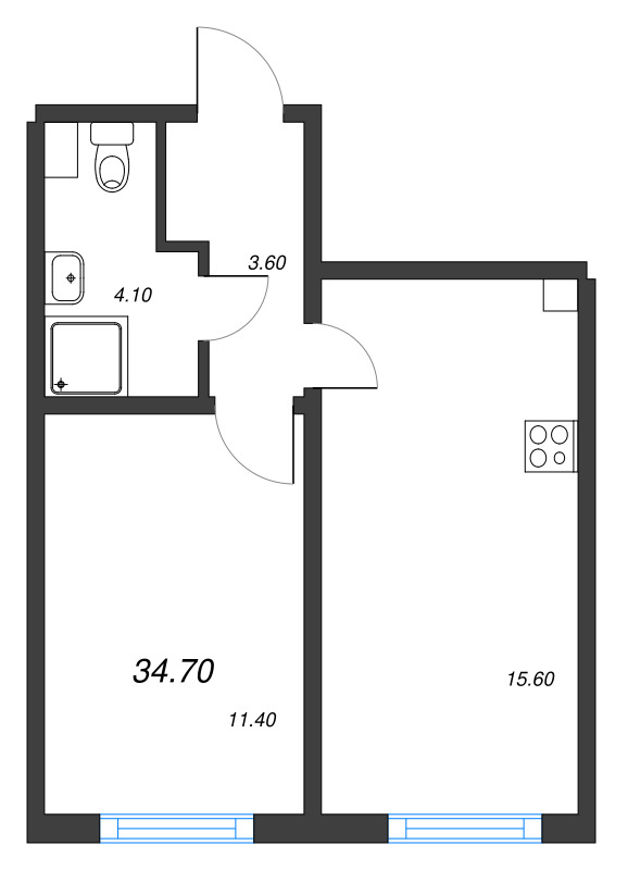 1-комнатная квартира, 34.7 м² в ЖК "Ручьи" - планировка, фото №1