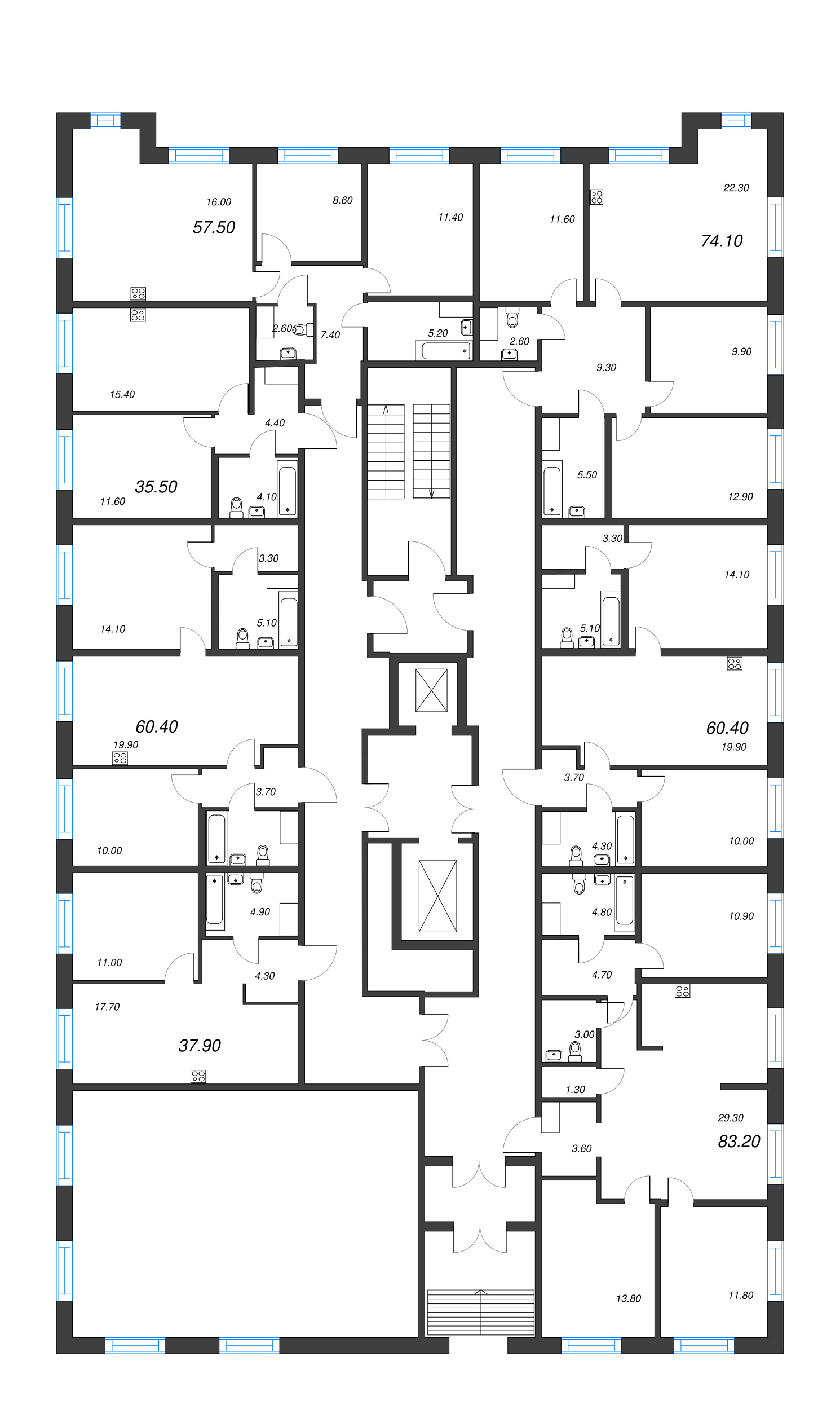 3-комнатная (Евро) квартира, 57.5 м² в ЖК "Парусная 1" - планировка этажа