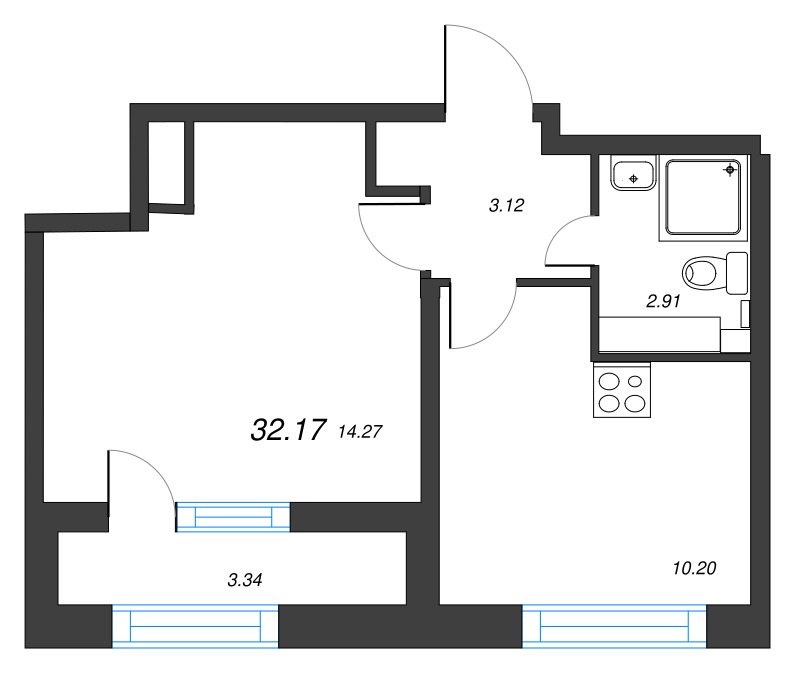 1-комнатная квартира, 32.17 м² в ЖК "БелАрт" - планировка, фото №1