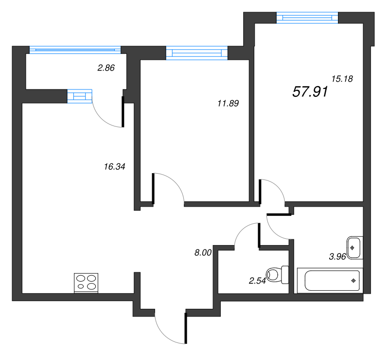 3-комнатная (Евро) квартира, 56.9 м² - планировка, фото №1