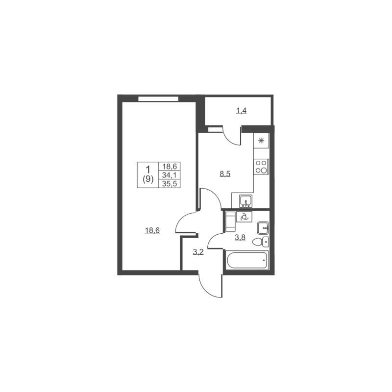 1-комнатная квартира, 35.5 м² в ЖК "Ермак" - планировка, фото №1