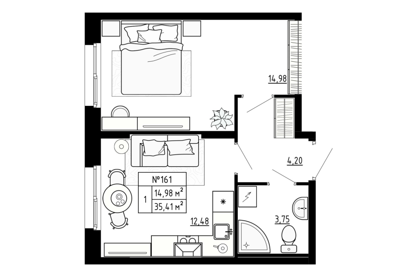 1-комнатная квартира, 35.41 м² в ЖК "Аннино Сити" - планировка, фото №1
