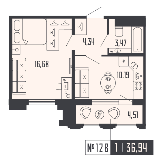 1-комнатная квартира, 36.94 м² - планировка, фото №1
