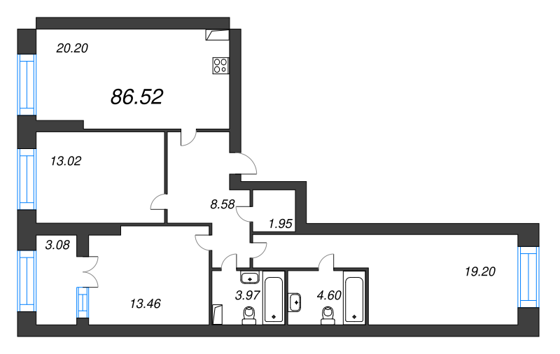 4-комнатная (Евро) квартира, 91.9 м² - планировка, фото №1