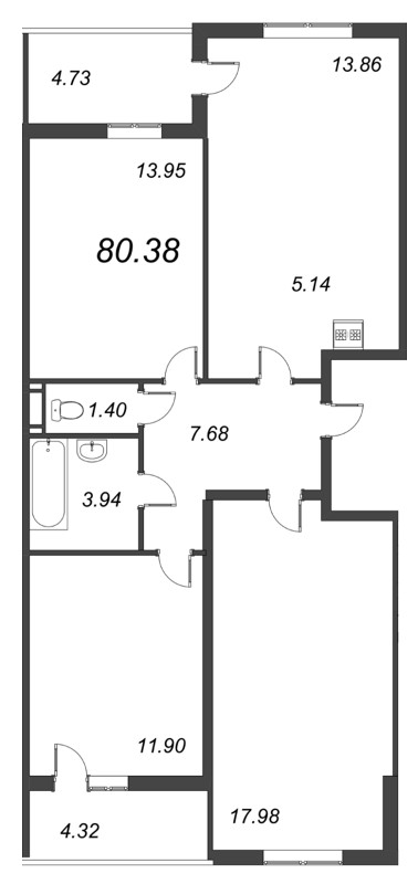 4-комнатная (Евро) квартира, 79.7 м² - планировка, фото №1