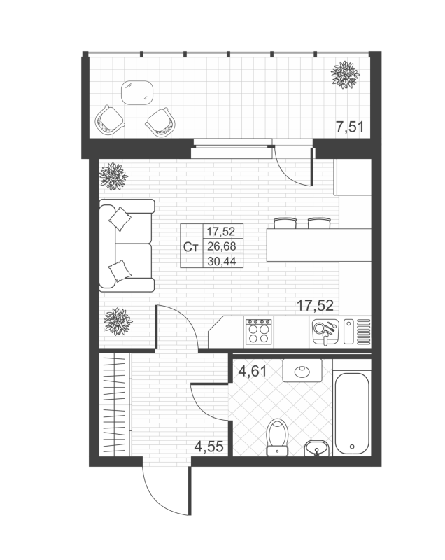 Квартира-студия, 30.44 м² - планировка, фото №1