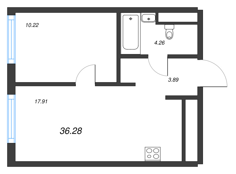 2-комнатная (Евро) квартира, 36.28 м² в ЖК "Legenda Васильевского" - планировка, фото №1