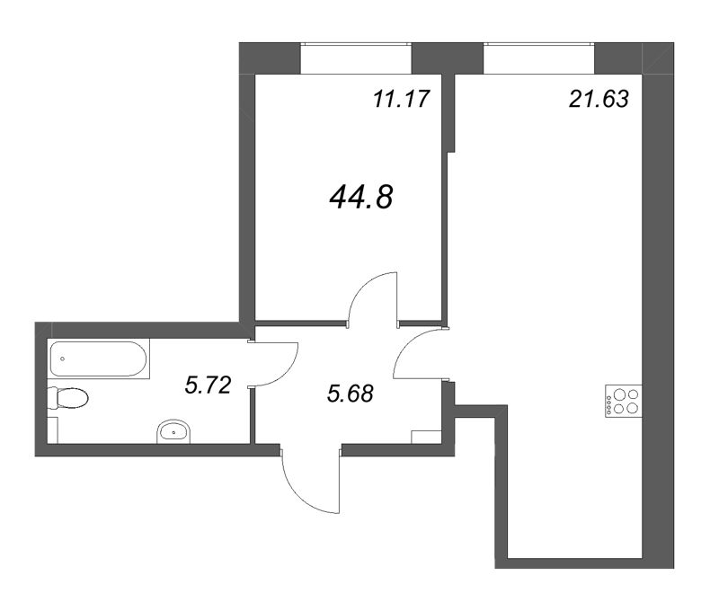 2-комнатная (Евро) квартира, 44.8 м² - планировка, фото №1