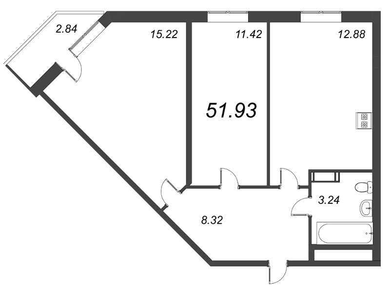 2-комнатная квартира, 51.93 м² - планировка, фото №1