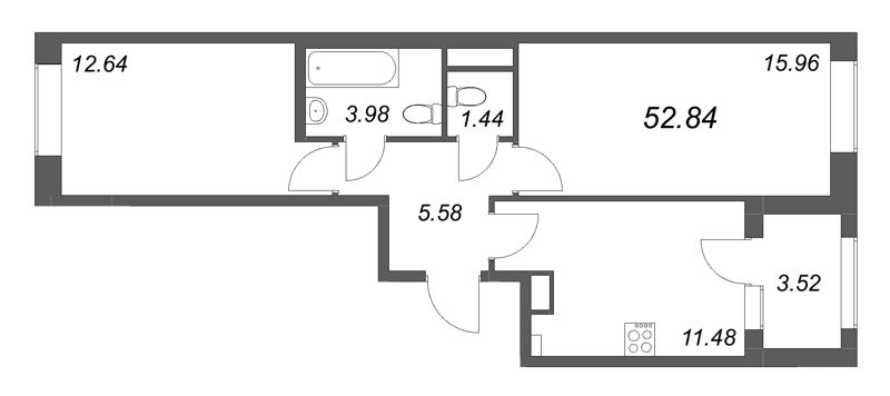 2-комнатная квартира, 52.84 м² в ЖК "Гранат" - планировка, фото №1