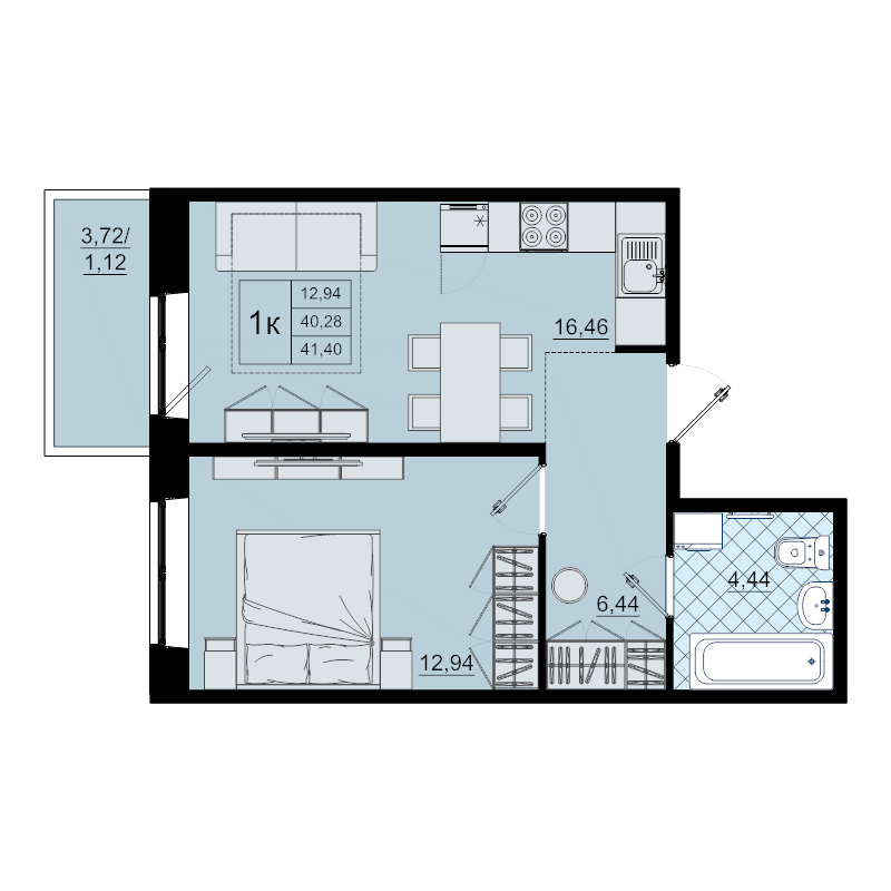 2-комнатная (Евро) квартира, 41.4 м² - планировка, фото №1