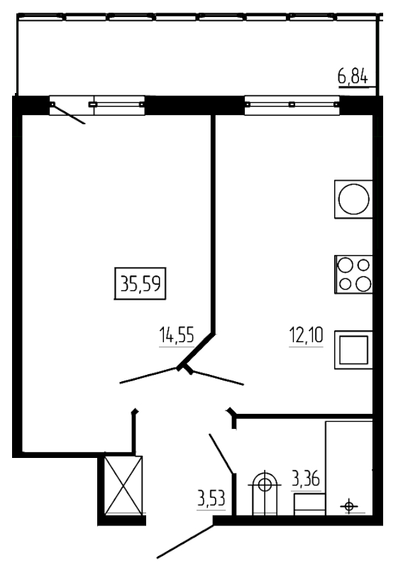 1-комнатная квартира, 35.59 м² - планировка, фото №1