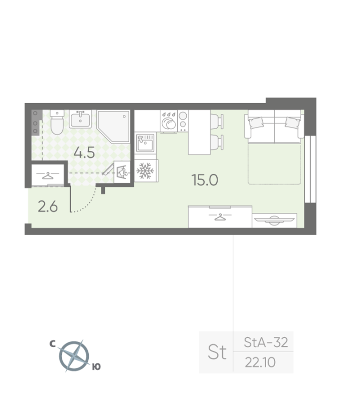 Квартира-студия, 22.1 м² в ЖК "Пулково Lake" - планировка, фото №1