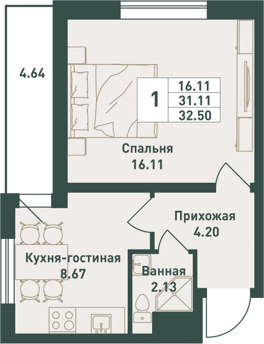 1-комнатная квартира, 32.5 м² в ЖК "Тандем" - планировка, фото №1