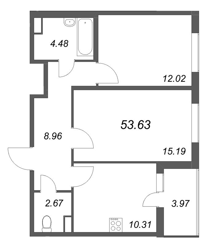 2-комнатная квартира, 53.63 м² - планировка, фото №1