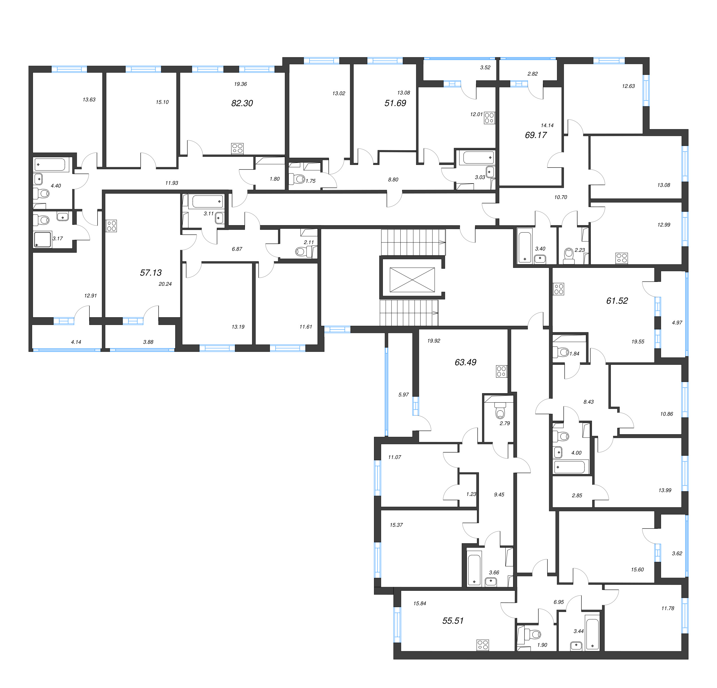 4-комнатная (Евро) квартира, 82.3 м² в ЖК "Любоград" - планировка этажа