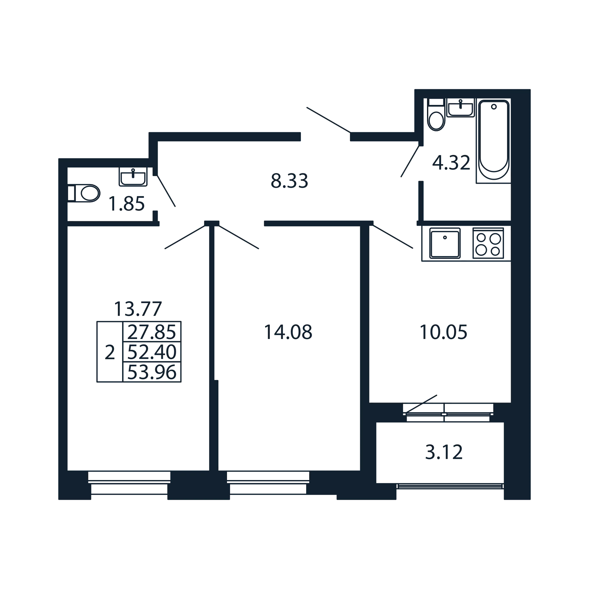 2-комнатная квартира, 52.4 м² в ЖК "Полис Новоселье" - планировка, фото №1
