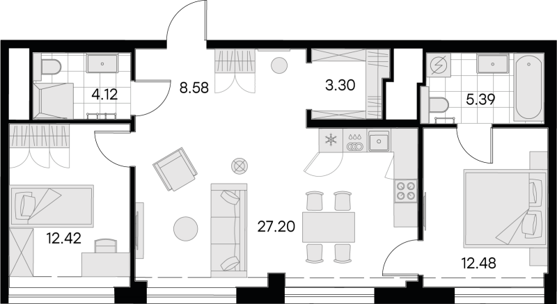 3-комнатная (Евро) квартира, 73.49 м² - планировка, фото №1