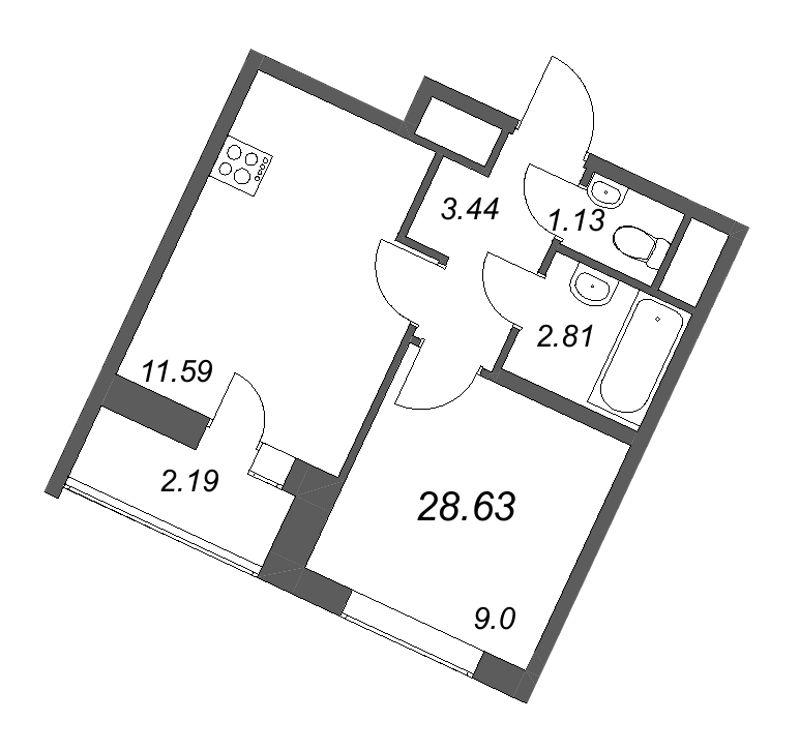 1-комнатная квартира, 28.63 м² - планировка, фото №1