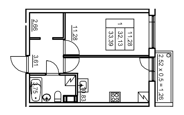 1-комнатная квартира, 33.43 м² в ЖК "Панорама Юкки" - планировка, фото №1