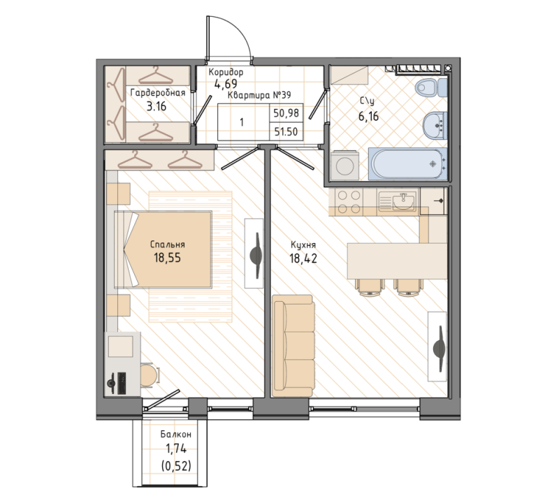 1-комнатная квартира, 52.5 м² - планировка, фото №1