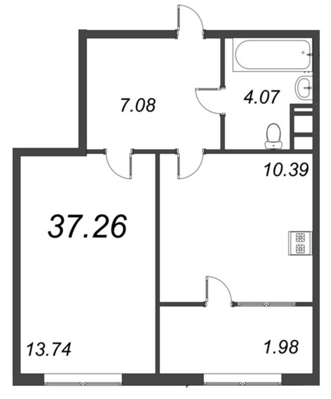 1-комнатная квартира, 37.26 м² в ЖК "Pixel" - планировка, фото №1