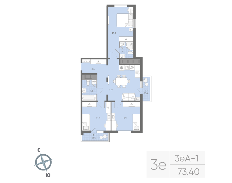4-комнатная (Евро) квартира, 73.4 м² в ЖК "Дыбенко Парк" - планировка, фото №1