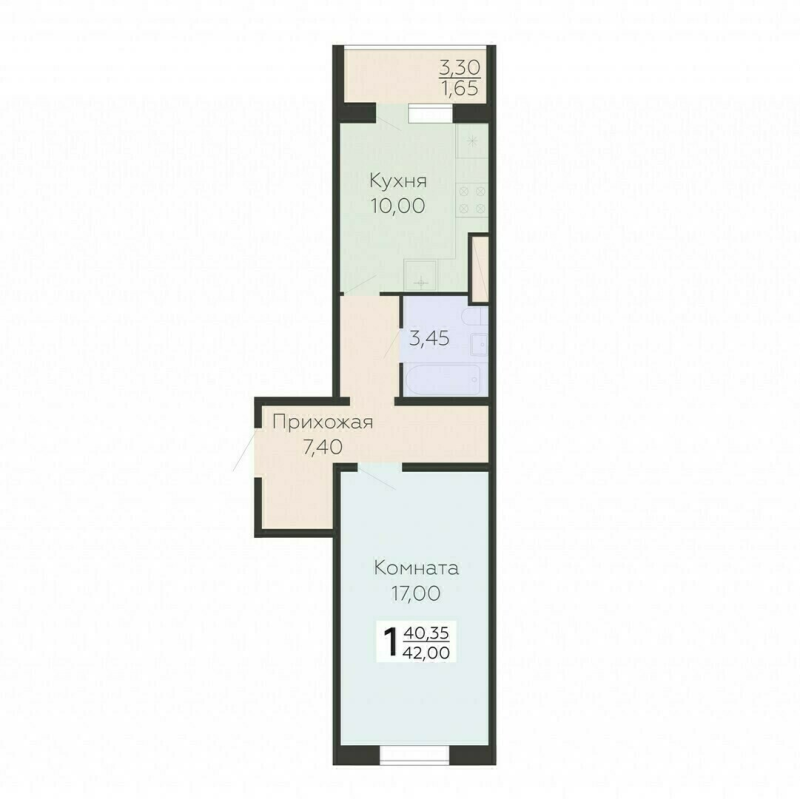 1-комнатная квартира, 42 м² в ЖК "Ленский" - планировка, фото №1