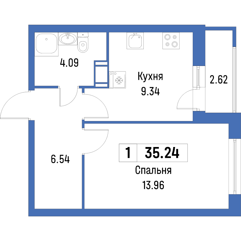 1-комнатная квартира, 35.24 м² в ЖК "Урбанист" - планировка, фото №1
