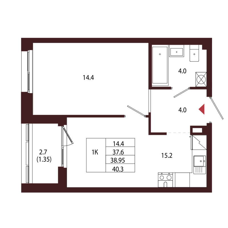 2-комнатная (Евро) квартира, 38.95 м² в ЖК "Лисино" - планировка, фото №1