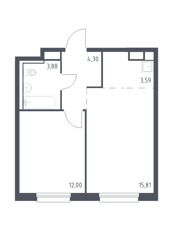 2-комнатная (Евро) квартира, 39.58 м² в ЖК "Новые Лаврики" - планировка, фото №1