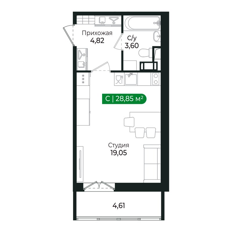 Квартира-студия, 27.4 м² в ЖК "Сертолово Парк" - планировка, фото №1