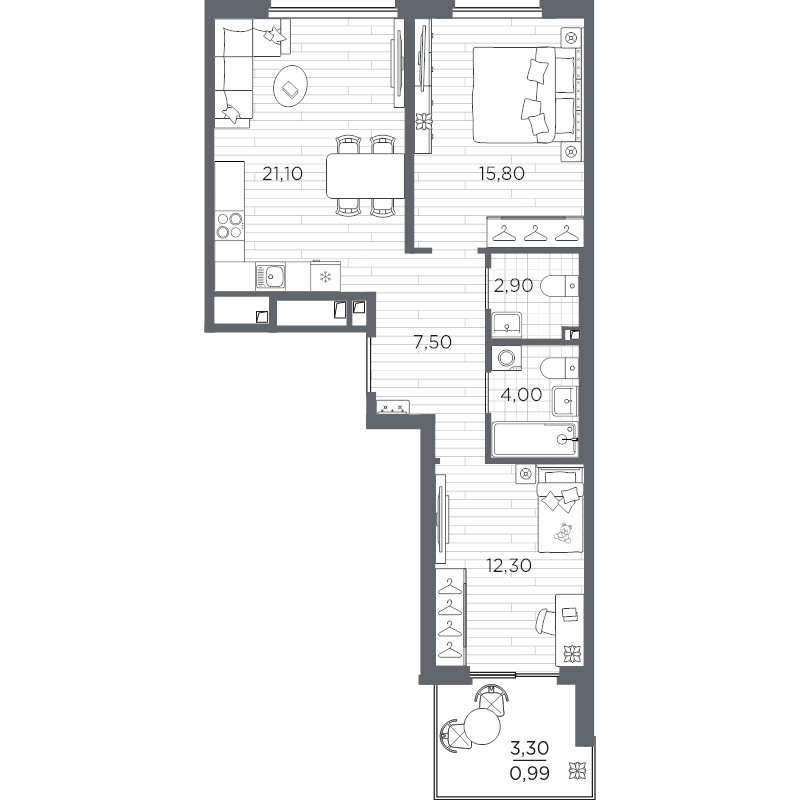 3-комнатная (Евро) квартира, 64.59 м² в ЖК "PLUS Пулковский" - планировка, фото №1