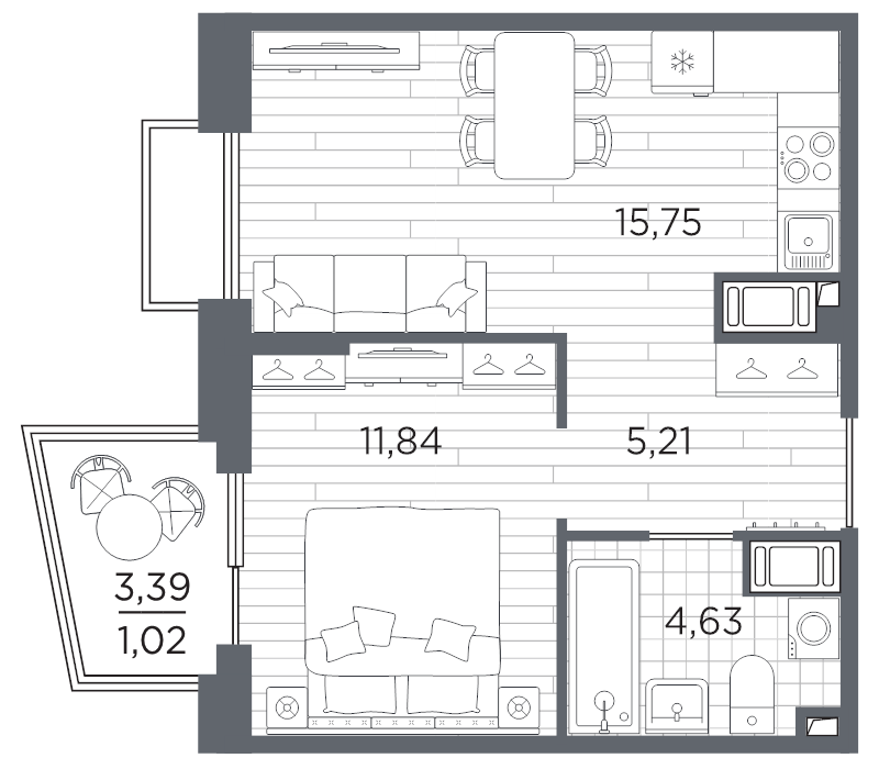 2-комнатная (Евро) квартира, 38.45 м² в ЖК "Respect" - планировка, фото №1