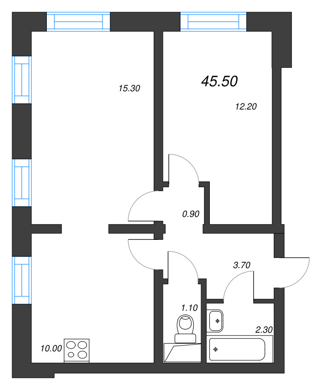 2-комнатная квартира, 45.5 м² - планировка, фото №1