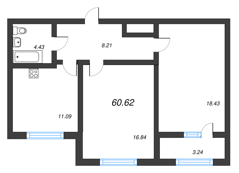 2-комнатная квартира, 60.62 м² в ЖК "Расцветай в Янино" - планировка, фото №1