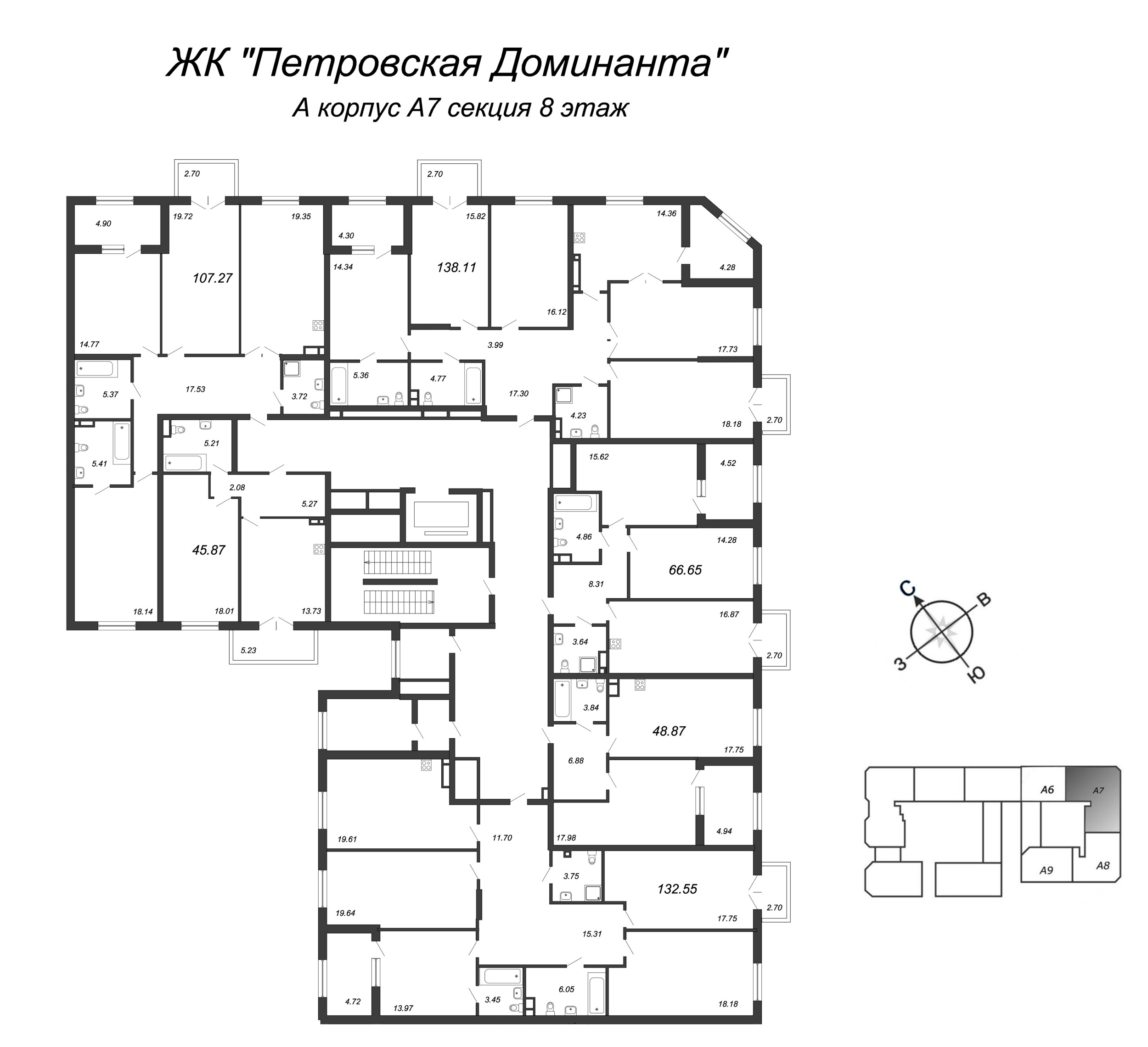 1-комнатная квартира, 49.3 м² в ЖК "Петровская Доминанта" - планировка этажа