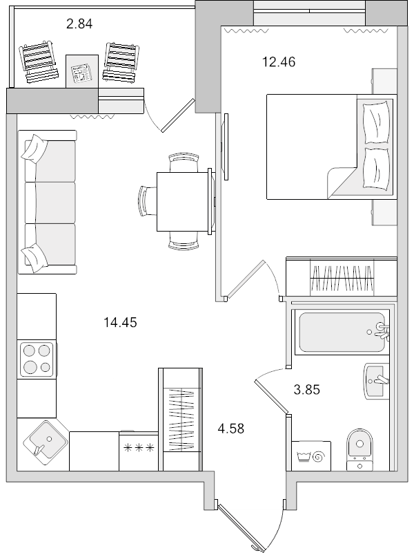 2-комнатная (Евро) квартира, 38.18 м² - планировка, фото №1