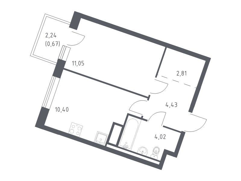 1-комнатная квартира, 33.38 м² в ЖК "Квартал Лаголово" - планировка, фото №1