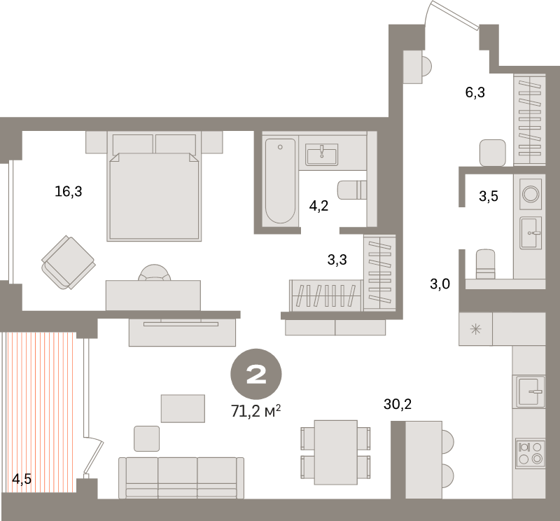 2-комнатная (Евро) квартира, 69.8 м² в ЖК "Северный ветер" - планировка, фото №1