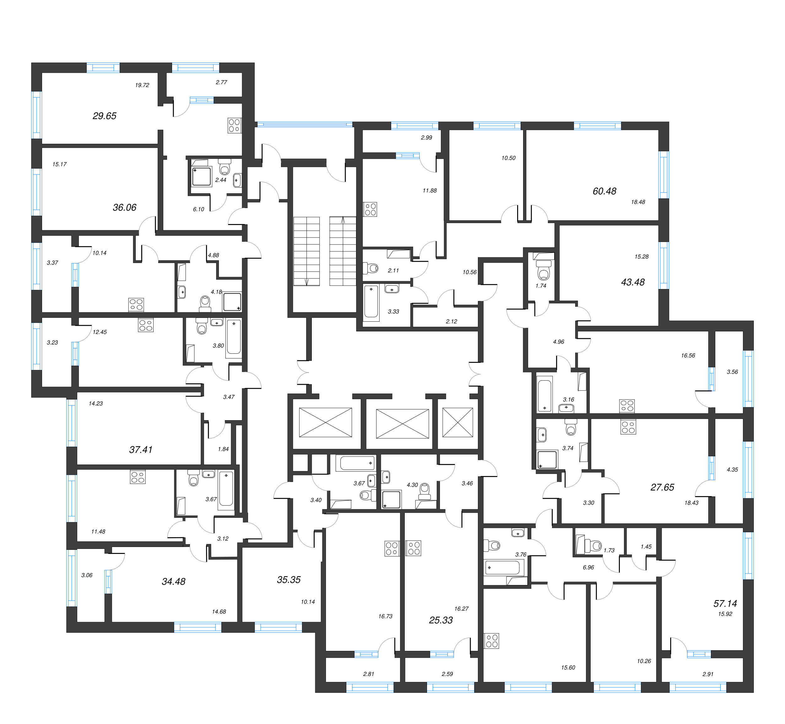 2-комнатная (Евро) квартира, 43.48 м² - планировка этажа