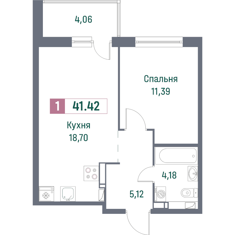 2-комнатная (Евро) квартира, 41.42 м² - планировка, фото №1