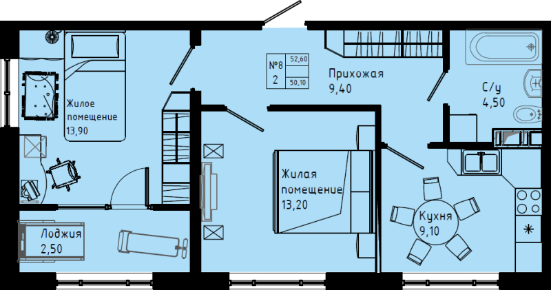 2-комнатная квартира, 52.6 м² в ЖК "Pixel" - планировка, фото №1