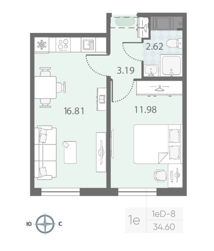 2-комнатная (Евро) квартира, 34.6 м² в ЖК "Морская миля" - планировка, фото №1