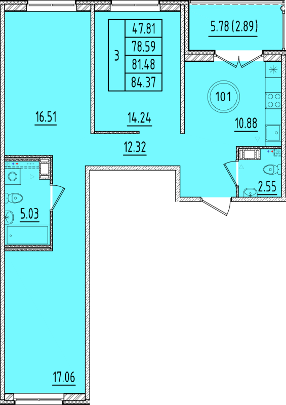 3-комнатная квартира, 78.59 м² - планировка, фото №1