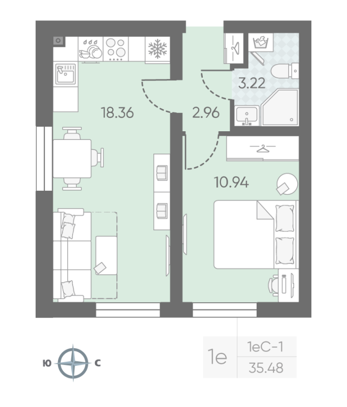 2-комнатная (Евро) квартира, 35.59 м² в ЖК "Морская миля" - планировка, фото №1