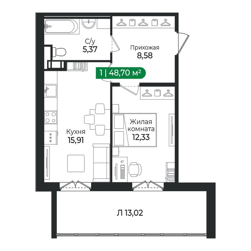2-комнатная (Евро) квартира, 48.7 м² в ЖК "Сертолово Парк" - планировка, фото №1